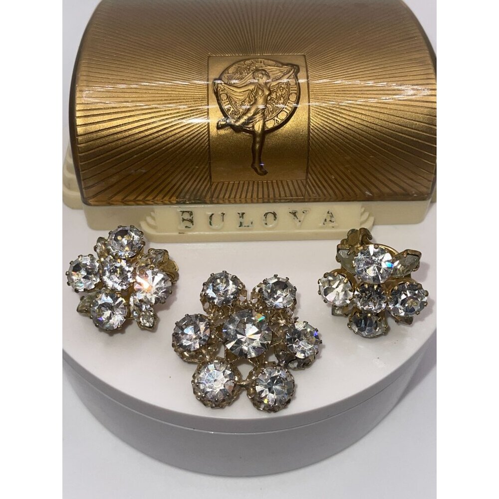 Vintage Made In Austria Gold-Toned Filigree Glass Brooch & Clip-On Earrings Set